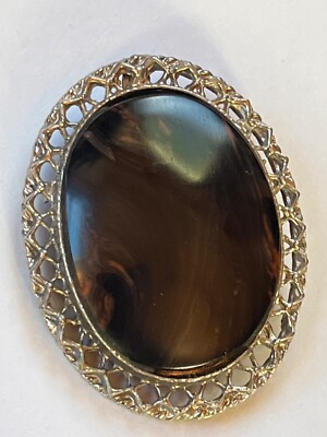 Vintage Large Pretty Dark Brown w Hits of Orange Oval Stone in Lacey Silvertone