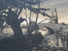 LOUIS LABORIE (XX) LARGE WOOD ENGRAVED DARK LIGHT LANDSCAPE SIGNED 1935