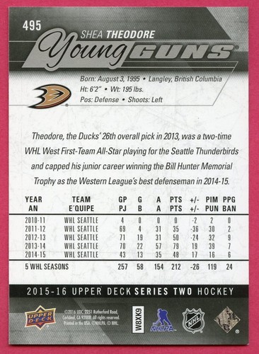 SHEA THEODORE 2015-16 UD YOUNG GUNS #495 ANAHEIM DUCKS - Picture 2 of 2
