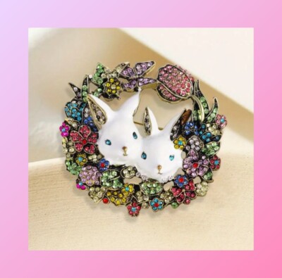 EASTER BUNNY RABBIT EGG SPRING FLOWER DRESS RHINESTONE & ENAMEL GIFT BROOCH PIN