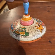 Vintage 1950  s Spinning Top, Tin-Litho with Wood Handle Ohio Art Train Graphics