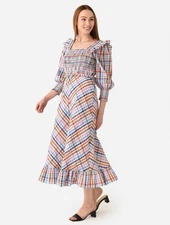 Hunter Bell Annie Midi Dress Smocked Plaid Cotton Cottage Core Ruffle Size M EUC