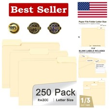 File Folder, RAZCC 250 Pack 1/3 Cut Tab File Folders Letter Size, Manila Folders