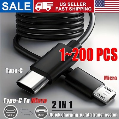 USB Type C to Micro 5V/2.4A Data & Sync Transfer OTG charging cable - Black LOT