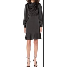 Maggy London Black Satin Mock Neck Ruffle Hem Long Sleeve Dress Size 4