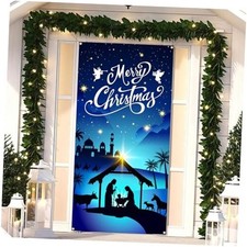 Nativity Scene Christmas Door Cover for Front Door - Fabric Jesus Holy Night
