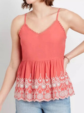 NWT - Maurices Coral with White Embroidered Floral Hem Babydoll Tank - Size XL