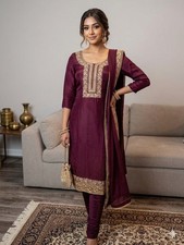 Silk Salwar Kameez Pakistani Indian Desi Suit Embroidered Kurta Pant Dupatta Set