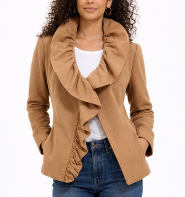 $795 Vintage Y2K Milly Camel Ruffle Collar Italian Wool Jacket Silk Lined 10 USA