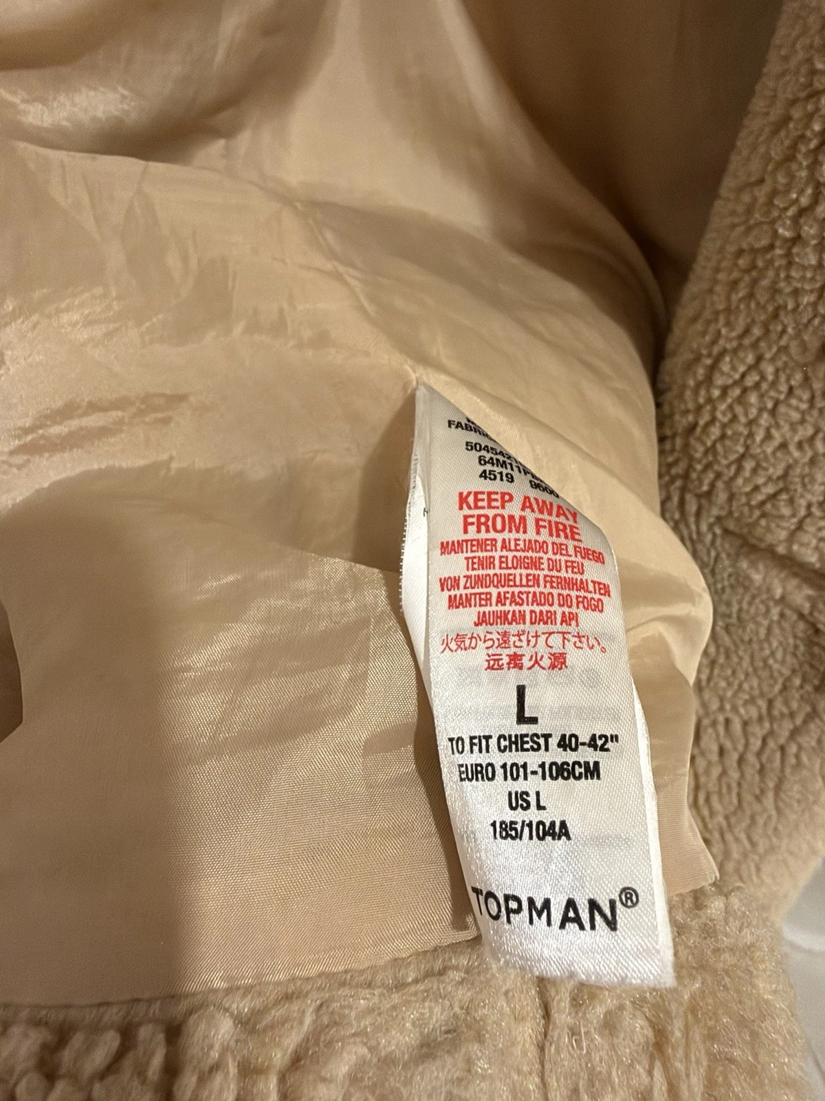 Topman Man’s Beige Borg Fleece Long Overcoat Button Front Pockets L Chest 40-42 - product detail image 11