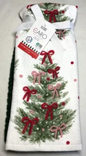 CARO HOME KITCHEN TOWELS (2) CHRTMAS TREE BOWS GREEN RED 18 X 28 100% COTTON NWT