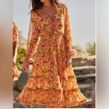 MISA LOS ANGELES NORA DRESS GARDEN FLORAL ORANGE YELLOW PINK MIDI DRESS SZ LARGE