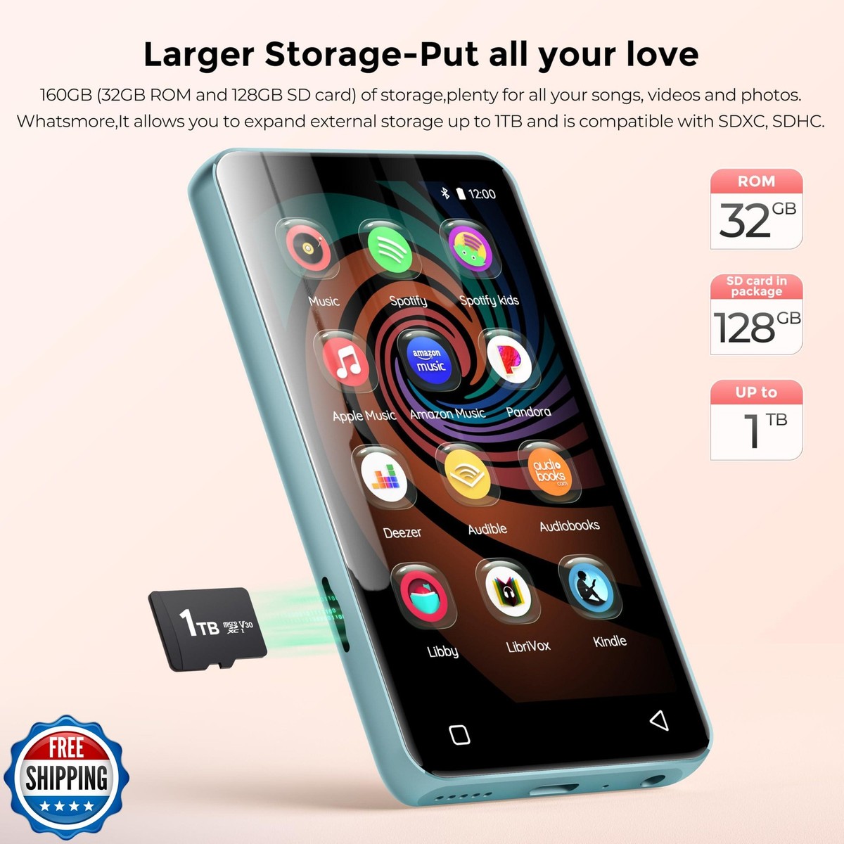 SWOFY 80GB MP3-speler met Bluetooth en Wi-Fi, 4,0-inch touchscreen, Android MP3- en MP4-speler met Spotify, Pandora, Music, Libby, Audible, browser, uitbreiding tot 1TB