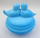 VINTAGE LIGHT BLUE MILK GLASS LOVEBIRDS ON A NEST CANDY DISH TRINKET BOX