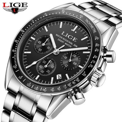 41MM LIGE Quartz Analog Watch Men's Luxury 30M Waterproof Stainless Steel NEW