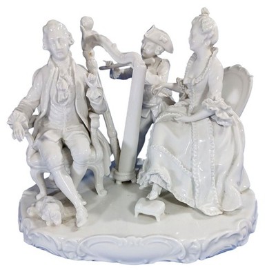 German Antique UNTERWEISSBACH Porcelain  Aristocrat Musician Harp Blanc De Chine