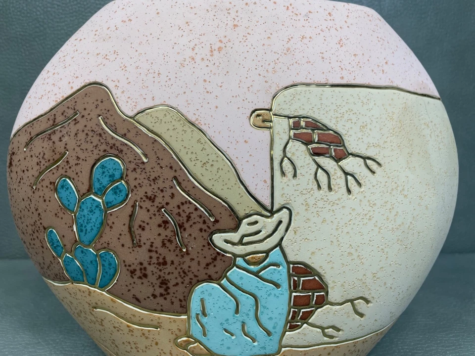 Jarrón de cerámica vintage Vera Russell Southwestern 22kt borde 9 1/2" de alto Foto 3 de 4