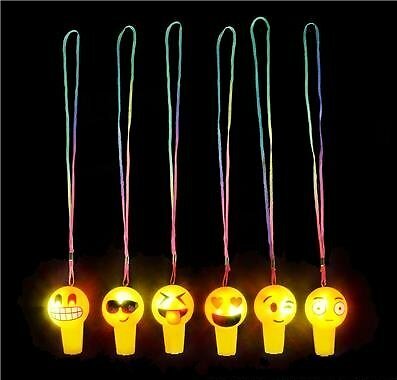 12pk Light-up Emoticon Emoji Whistle Necklaces Party Favors Smiley Face