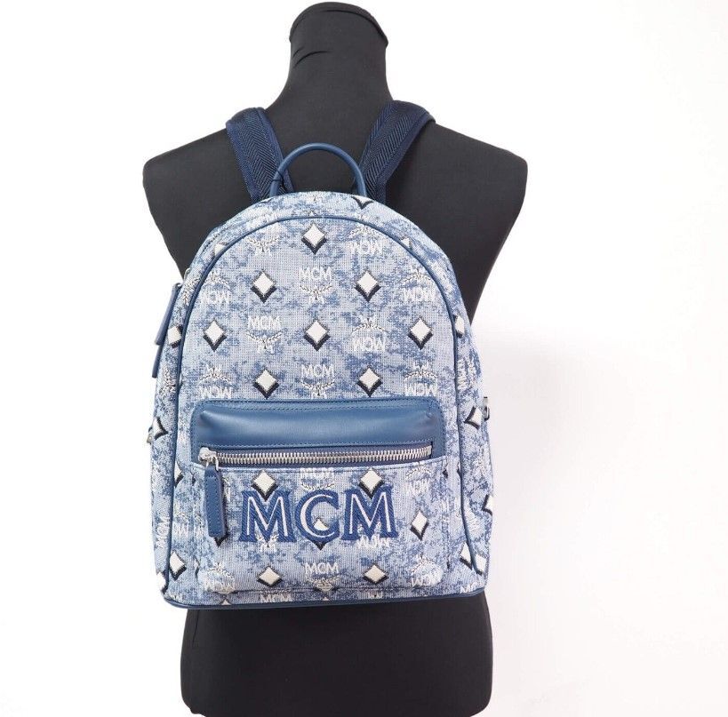MCM Stark Small Blue Vintage Jacquard Monogram Logo Fabric Backpack