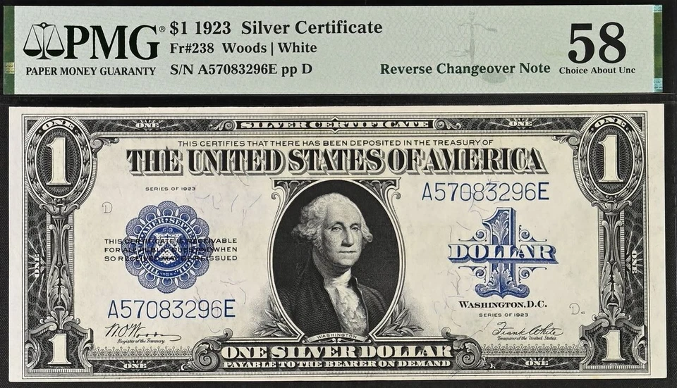 1923 $1 Silver Certificate PMG 58EPQ Reverse Changeover Fr 237 Fr 238 - Image 2 of 4