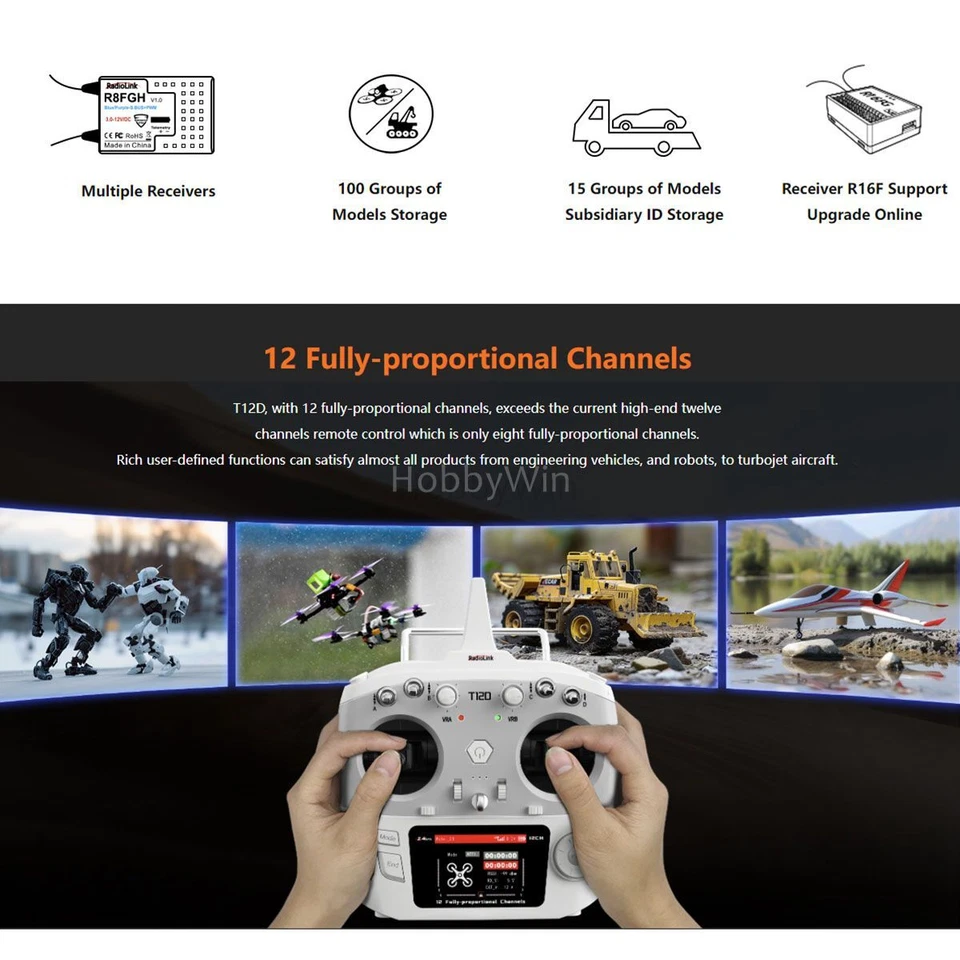 RadioLink T12D 12ch Fully-proportionals Radio Controller with R16F 16Ch Receiver - Image 3 of 4