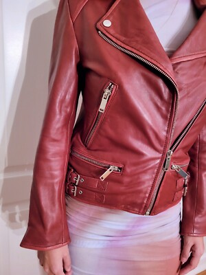 ZARA REAL LEATHER JACKET CROPPED MOTO-FRONT ZIP-LAMBSKIN-DARK RED