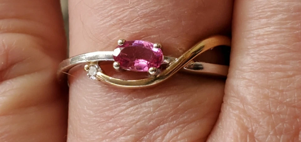 Pink Sapphire Created Oval Cut & Diam Ring 2 Tone 10kt Solid White& Yellow Gold  - Image 2 of 4