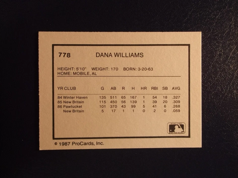 1987 Pro Cards Baseball New Britain Red Sox Dana Williams Card # 778 - Image 2 of 2