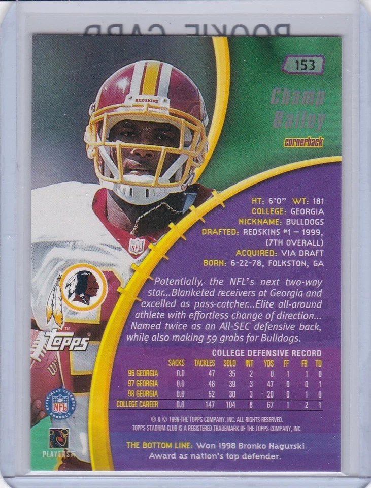 CHAMP BAILEY ROOKIE CARD 1999 Topps Stadium Club TSC Football RC Denver Broncos - Image 2 of 2