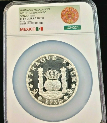 1987 MEXICO SILVER 5 ONZA 14TH INTL NUMISMATIC CONVENTION NGC PF 69 ULTRA CAMEO 