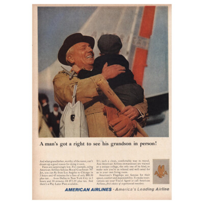 1960 American Airlines: Mans Got a Right To See Grandson Vintage Print Ad
