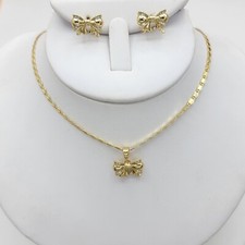 14K Gold Plated Clear Crystals Bow Set Pendant Necklace Earrings. Love Gift