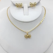 14K Gold Plated Clear Crystals Bow Set Pendant Necklace Earrings. Love Gift
