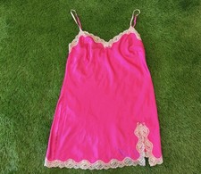 Vintage Victoria  s Secret Hot Pink Satin Slip Dress Lace Babydoll Lingerie   LRG