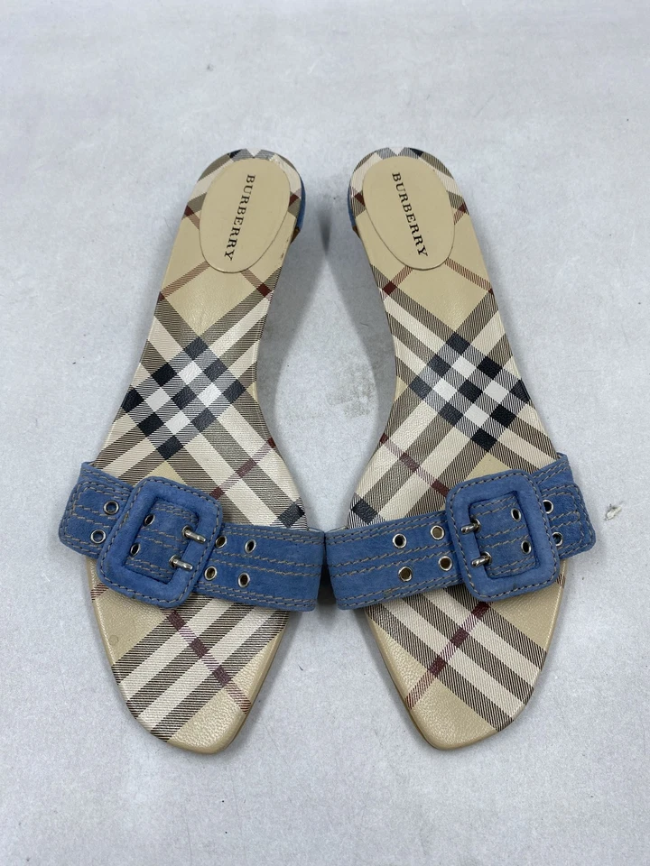 Burberry Check Beige Blue Leather Buckle Sandal W 9.5 - Image 2 of 4