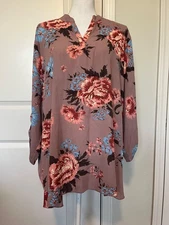 Cure Womens Bold Floral Print Long Sleeve Blouse Size 3XL Lightweight 3/4 Sleeve