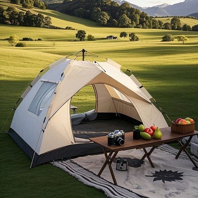 New Instant Setup Camping Tent Dual Door Mesh Windows Beige S L