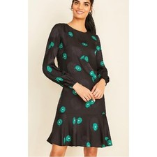 NWT Ann Taylor Black Satin Teal Daisy Floral Flounce Hem Shift Dress Size 10