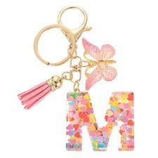 Initial Letter Keychains, Resin Cute Pendant with Butterfly Tassel, Pink-M