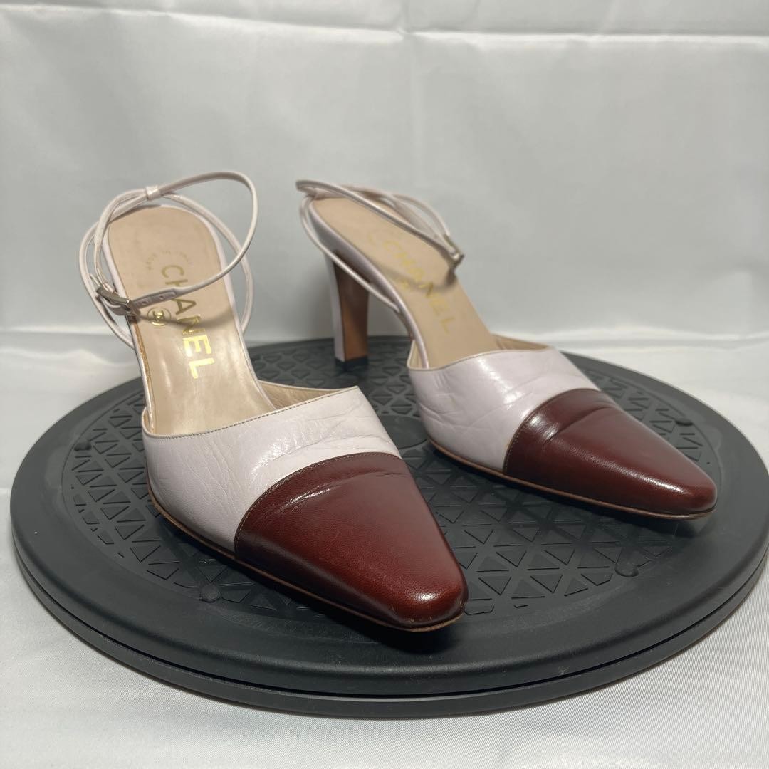 CHANEL Shoes Pumps Heel Slingback EU 36 US 6 Leather Red White Authentic