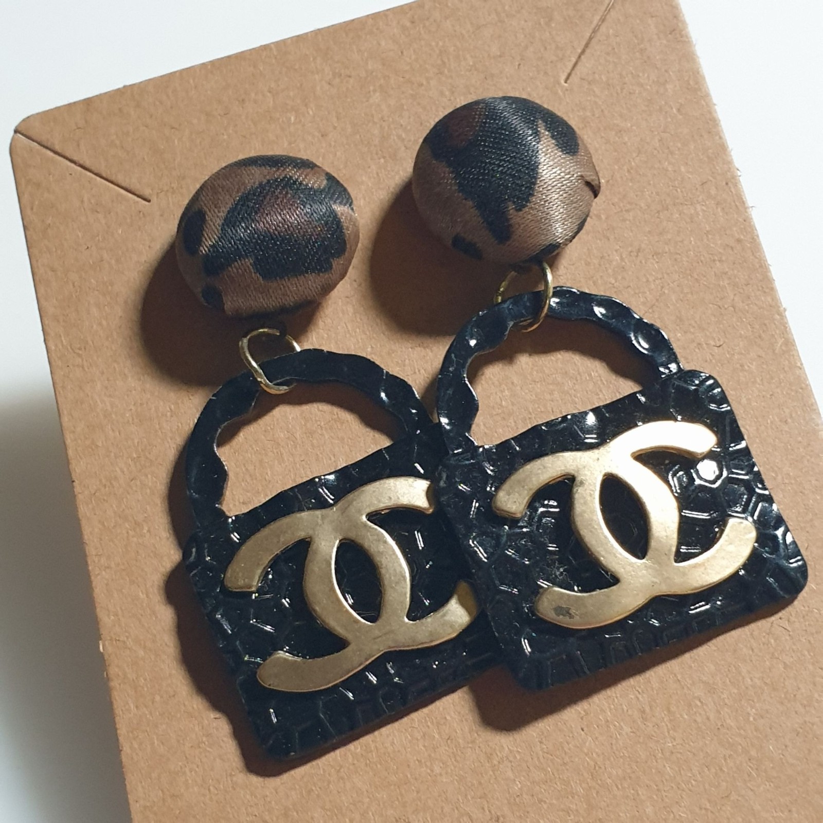 Handmade Earrings Leopard Print Button Drop Dangl… - image 2