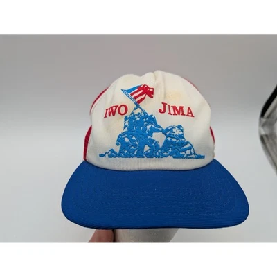Vintage Iwo Jima Trucker Hat USA Made Snapback Mesh Cap Red White Blue Med Lg - Image 1 of 4