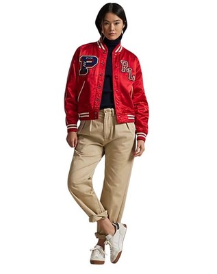 Women's Polo Ralph Lauren Red P Wing Satin Varsity Letterman