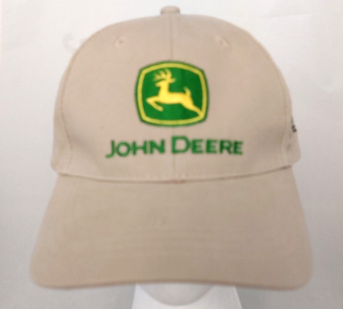 LOT 2 John Deere Classic Logo Hat Cap Adj Strap Khaki Green Yellow + Keychain - Picture 2 of 7
