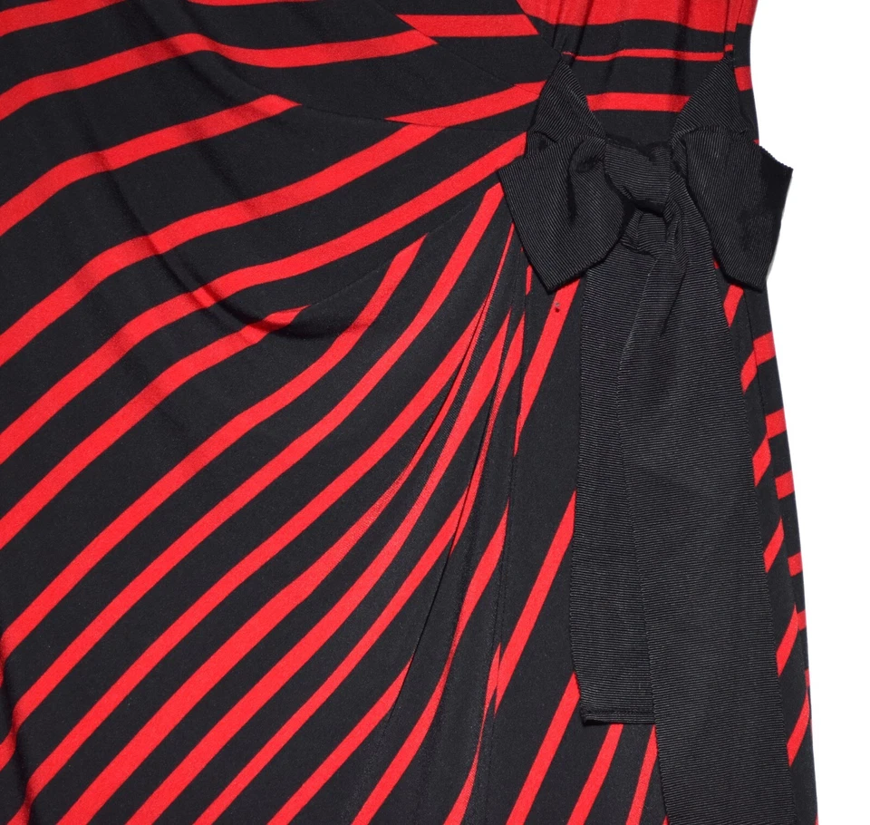 Vestido Coldwater Creek Negro Rojo Rayas Ruche Cintura con Lazo Elástico Talla 4M Foto 3 de 4