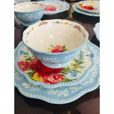 The Pioneer Woman Sweet Rose Light Blue Stoneware 12Piece Dinnerware Set Durable