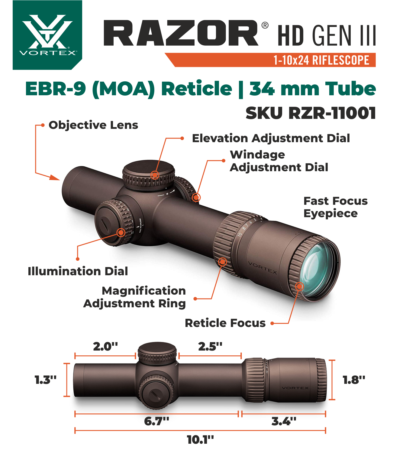 Vortex Optics Razor HD Gen III 1-10x24 MOA Riflescope w/ Hat