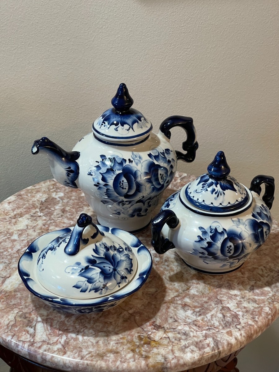 Gzhel Vintage Russian ceramic Tea Set of 15 Hand Pained Authentic