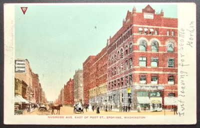 1907 Spokane WA Riverside Ave Post St Horse Carriages Early City View