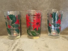 Set of 3 Vintage 5" BOSCUL PEANUT BUTTER Glasses - 2 HOLLY & 1 POINSETTIA Flower